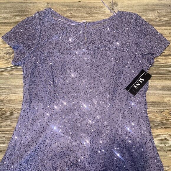 SL FASHIONS Mystic Heather Tea Length Sequin Lace Midi Fit and Flare Dress SZ 10 - Picture 3 of 10